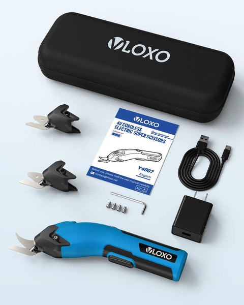 Vloxo 4 Volt Cordless Electric Cardboard Cutter Scissors Rechargeable Box Opener with blades, charger, and manual in a kit