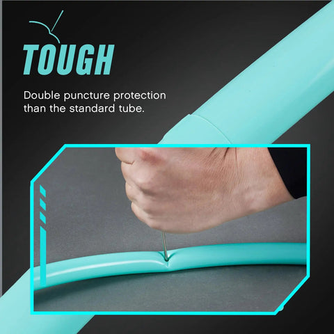 Hand testing toughness of 2 Pack Lightweight 29 Inch TPU Inner Tubes For Mountain Bikes 2.2 To 2.5 With 48mm Presta Valves Metal Core Tubes MTB Ultra Durable High Air Tightness Easy Install Spare Tire Upgrade