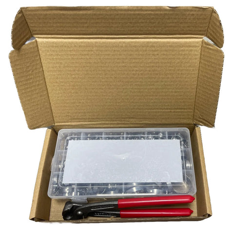 Hose clamp kit with 200 304 stainless steel clamps and red-handled crimping pliers in plastic case