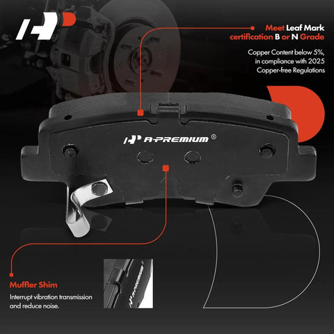 Rear Solid Disc Brake Rotors And Ceramic Pads Kit For Select Hyundai And Kia Models, detail view of ceramic brake pad with muffler shim.
