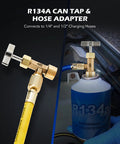R134a Can Tap Puncture Style Refrigerant Dispenser With Tank Adapter for 1/4 and 1/2 hoses, connected to refrigerant can.