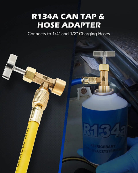 R134a Can Tap Puncture Style Refrigerant Dispenser With Tank Adapter for 1/4 and 1/2 hoses, connected to refrigerant can.