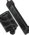 16.5 Foot Long Power Strip With Flat Plug Seven Wide Spaced Outlets And Three USB Ports Surge Protector Mountable Extension Cord For Home Office Dorm Hotel Overload Protection Black coiled cable and outlets view