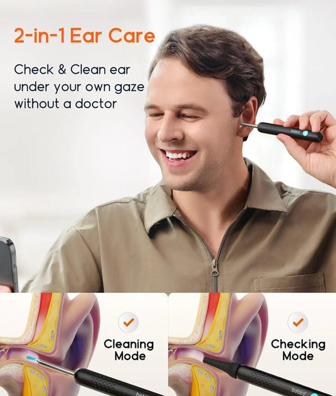 Man using Ear Wax Removal Tool With Camera Ear Scope 1080P 6 LED Lights Replacement Tips Wide Angle Ear Canal Cleaner