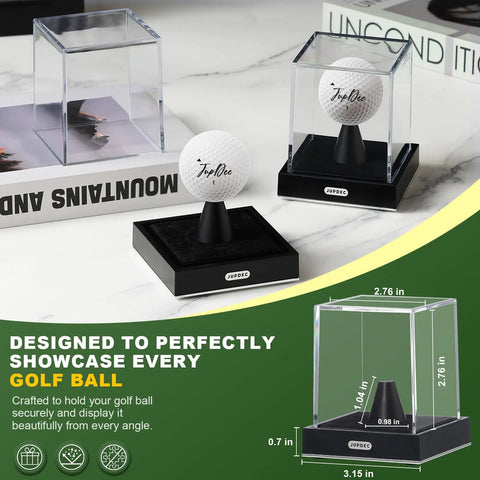 Clear Acrylic Golf Ball Display Case With Secure Locking System shown displaying a golf ball on a desk, highlighting velvet interior.