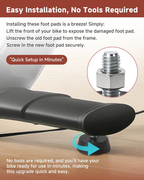 Heavy Duty Spin Bike Leveling Foot Pads 4 Pack With 3 8 Inch Stainless Steel Screws, showing easy installation process on indoor bike.
