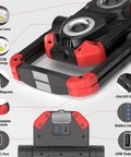 Diagram of 2Pack Rechargeable LED Work Light With Magnetic Bases, 2500LM 6500K Cool White, showing buttons and ports.