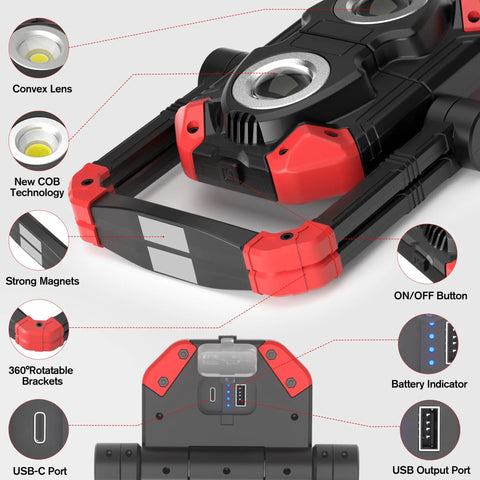 Diagram of 2Pack Rechargeable LED Work Light With Magnetic Bases, 2500LM 6500K Cool White, showing buttons and ports.