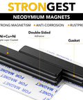 Front view of three black rectangular neodymium magnets with double-sided adhesive backing.