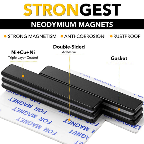Front view of three black rectangular neodymium magnets with double-sided adhesive backing.