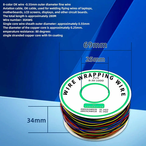 30 AWG Single Core PCB Solder Wire Roll 8 Color PVC Coated Tin Plated Copper Cable 250m ESD Safe Wire Spools