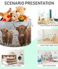 Cow Print Cotton Rope Storage Basket Large Collapsible Grab-And-Go Organizer For Toys Pillows Blankets Laundry Towels And Home Decor 20 X 13.9 Inches Sturdy Foldable Bin For Living Room Bedroom Bathroom Closet displayed with toys and home decor.