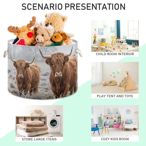 Cow Print Cotton Rope Storage Basket Large Collapsible Grab-And-Go Organizer For Toys Pillows Blankets Laundry Towels And Home Decor 20 X 13.9 Inches Sturdy Foldable Bin For Living Room Bedroom Bathroom Closet displayed with toys and home decor.