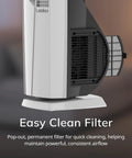 Side view of All Season Hybrid Oscillating Fan And Space Heater For Home Use With Remote Control Timer Thermostat Tip Over Switch 1500W Ceramic Heater And High Velocity Tower Fan 37.5 Inches White featuring easy clean filter with pop-out design.