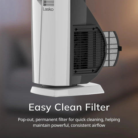 Side view of All Season Hybrid Oscillating Fan And Space Heater For Home Use With Remote Control Timer Thermostat Tip Over Switch 1500W Ceramic Heater And High Velocity Tower Fan 37.5 Inches White featuring easy clean filter with pop-out design.