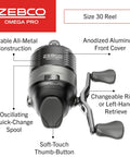 Front view of Omega Pro Size 30 Spincast Fishing Reel With Dual Ceramic Pick Up Pins Solid Brass Pinion Gear GlideLine II.