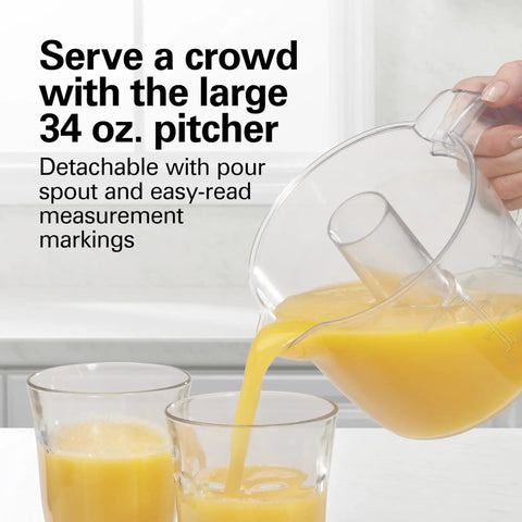 Hamilton Beach 34 Oz Electric Citrus Juicer With Silicone Gripper Lid Easy Press Juice Extraction Three In One Jar Opener And Storage Cover For Fresh Orange Lemon Grapefruit Squeezing Daily Kitchen Routine pouring juice into two glasses.