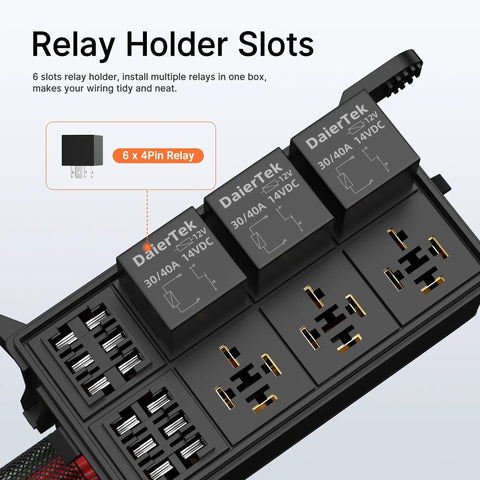 6 Way 12V Relay Box, Pre-Wired Waterproof Relay Panel With 12 AWG Leads, ATC/ATO Fuse Block, showing relay holder slots