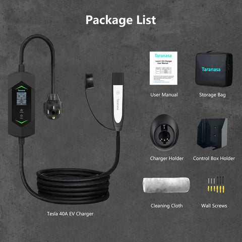 Tesla Level 2 Home EV Charger 40A 240V With NACS Connector, control box holder, user manual, storage bag, and accessories.
