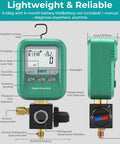 DUOYI DY519 3-in-1 HVAC digital manifold with LCD display, green housing, brass fittings, front and side views.