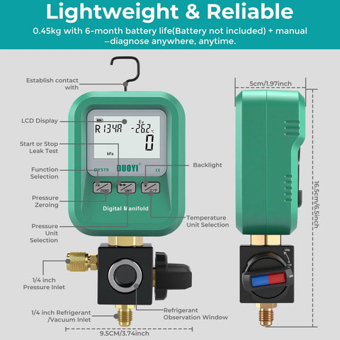 DUOYI DY519 3-in-1 HVAC digital manifold with LCD display, green housing, brass fittings, front and side views.