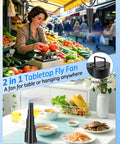 USB Powered Fly Fans For Tables With LED Light shown on market stall, hanging above fruits for bug deterrence, 2 in 1 use