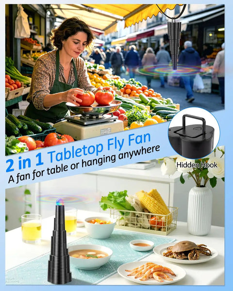 USB Powered Fly Fans For Tables With LED Light shown on market stall, hanging above fruits for bug deterrence, 2 in 1 use