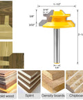 Heavy Duty 45 Degree Lock Miter Router Bit Set With Quarter Inch Shank And Auto Center Punch For Cabinet Building on display with wood samples.