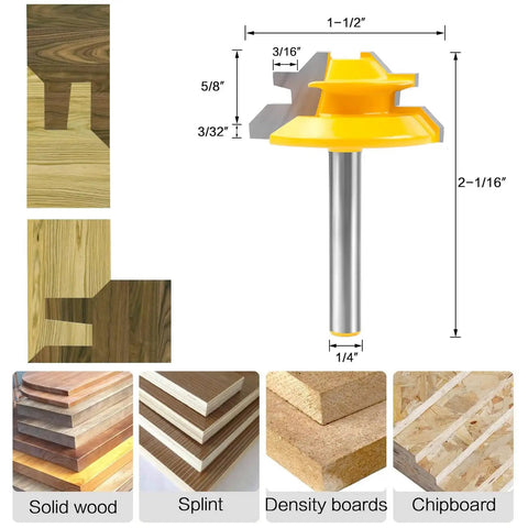 Heavy Duty 45 Degree Lock Miter Router Bit Set With Quarter Inch Shank And Auto Center Punch For Cabinet Building on display with wood samples.