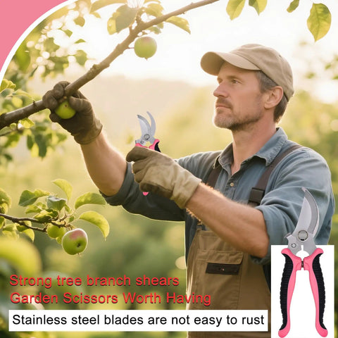 Man using the All In One Three Piece Gardening Pruning Set With Bypass Pruners Straight Snips And Floral Shears For Trimming Branches on tree