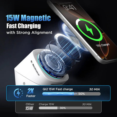 Three In One Magnetic Wireless Charging Station For Apple And Samsung Dope Qi2 Certified 15W Fast MagSafe Charger charging an iPhone
