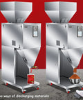 Slick Stainless Steel Automatic Particle Filler Machine With Smart Digital Hopper Plus Three Speed Controls For Flour Beans Rice Spot On Weight Scaling No Sweat Packaging Setup Up To Five Thousand Grams, showcasing dual discharge options.