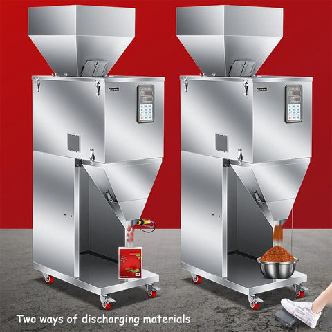 Slick Stainless Steel Automatic Particle Filler Machine With Smart Digital Hopper Plus Three Speed Controls For Flour Beans Rice Spot On Weight Scaling No Sweat Packaging Setup Up To Five Thousand Grams, showcasing dual discharge options.
