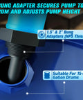 Bung adapter for No Sweat Lever Action Barrel Pump, suitable for 15-55 gallon drums, adjusts pump height seamlessly.