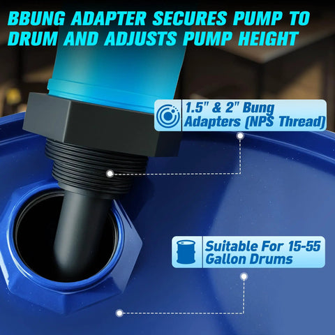 Bung adapter for No Sweat Lever Action Barrel Pump, suitable for 15-55 gallon drums, adjusts pump height seamlessly.