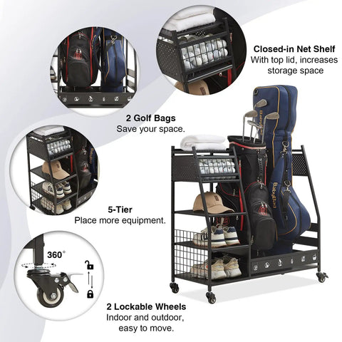 Heavy Duty Golf Bag Organizer Rack For Garage Storage Fits Two Golf Bags And Clubs, Durable Steel Stand With Lockable Wheels