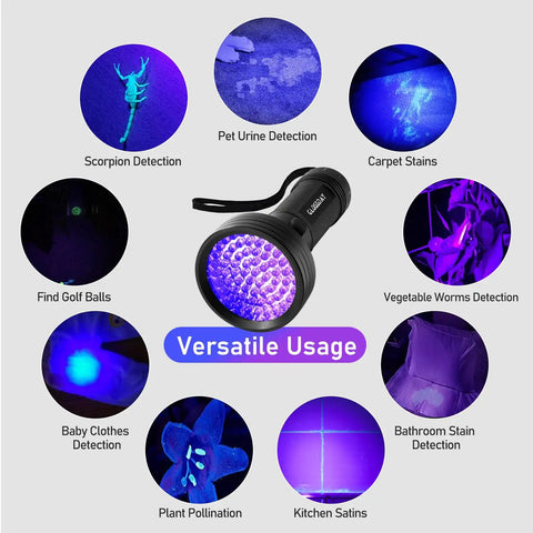 Image showing versatile uses of 68 LED 395nm UV Blacklight Flashlight, highlighting pet urine detection and scorpion hunting.
