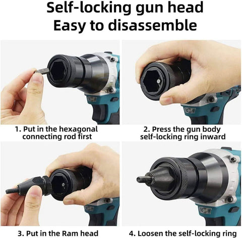 Kick Ass Electric Rivet Nut Tool Featuring Automatic One Shot Operation And Built In LED Light showing disassembly steps of self-locking gun head.