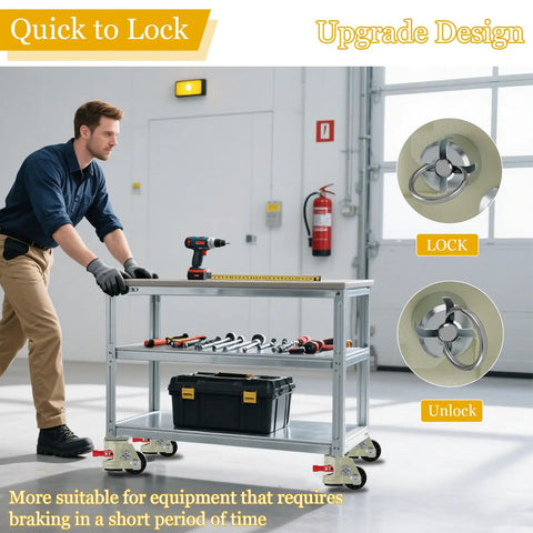 Hella Sturdy Heavy Duty Leveling Casters With Snap Lock Brakes And Smooth Glide Wheels Adjustable Height Shock Resistant Mounts For Furniture Trailer And Workshop Gear Set Of 4 on a rolling workbench.