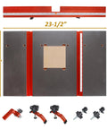 Drill Press Table With Adjustable Aluminum Fence, Flip Stop, And Replaceable Insert For 12 Inch And Larger Drills, 23 5 Eighths X 15 X 1 Inch MDF Work Surface, Leveling Screws, One Hand Fence, Quick Clamp For Fast Precise Setups shown top view with components
