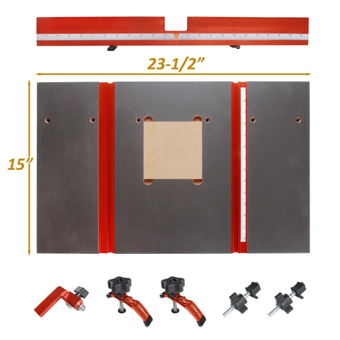 Drill Press Table With Adjustable Aluminum Fence, Flip Stop, And Replaceable Insert For 12 Inch And Larger Drills, 23 5 Eighths X 15 X 1 Inch MDF Work Surface, Leveling Screws, One Hand Fence, Quick Clamp For Fast Precise Setups shown top view with components
