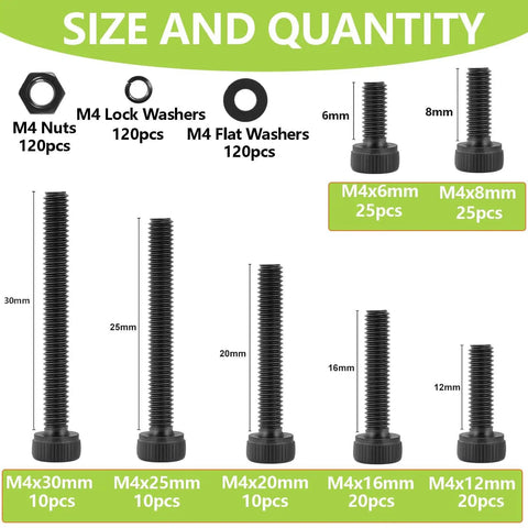 Image showing size and quantity of 480 Piece M4 Hex Socket Head Screw Kit In 12.9 Grade Black Oxide For Durability And Corrosion Resistance