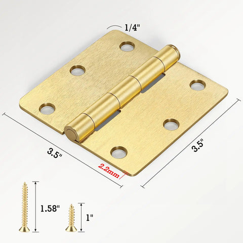 Tough As Nails Satin Brass Door Hinges Three Point Five Inches with rounded edges and screws, designed for smooth operation.