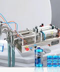 Straight Shooter Semi Automatic Double Head Bottle Filler Machine Pneumatic Stainless Steel 100 To 1000 Ml with liquid filling in cups.