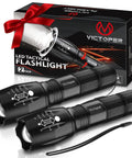 Two Pack LED Flashlight Set With Zoomable Beam Five Modes Waterproof Tactical Torch for Outdoors Camping, product packaging and flashlights displayed.