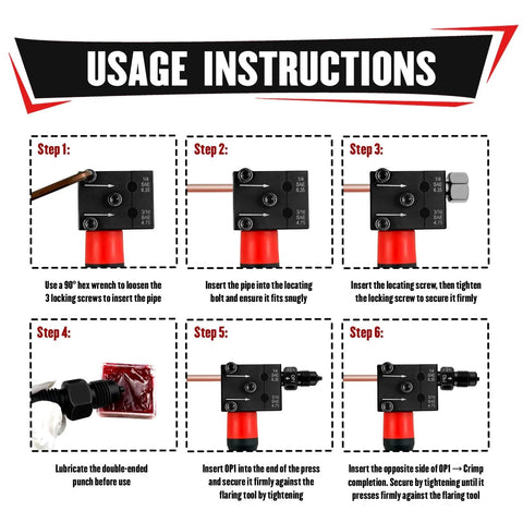 YIYITOOLS brake line flaring kit usage instructions diagram with six-step process and copper tubing.