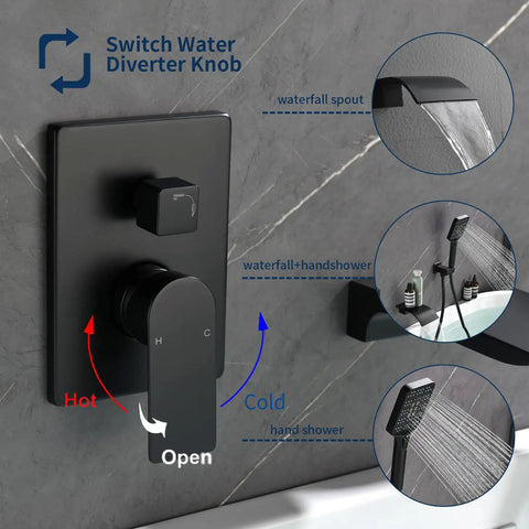 Matte Black Tub Faucet Set With Handheld Sprayer And Wall Mount Tub Filler Rough In Valve Trim Kit Half Inch NPT Easy Install