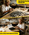 Man organizing 1075 Piece Metric Bolts And Nuts Assortment Kit Grade 8.8 in a workshop, comparing scattered bolts to organized kit.