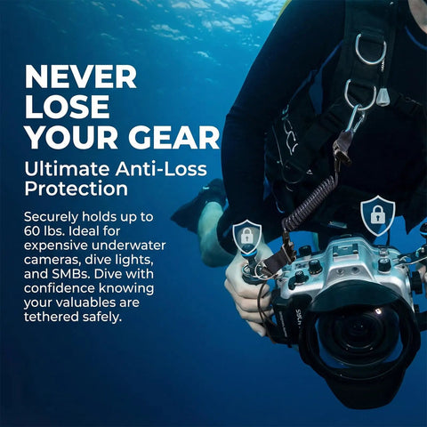 Diver using Scuba Diving Lanyard For Underwater Cameras, Anti Loss Retractable Gear Tether With Quick Release Buckle Clip, marine safety