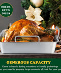 Stainless Steel Roasting Pan With V-Shaped and Flat Rack for Even Browning, holding a roasted turkey, 16 by 11.5 inch